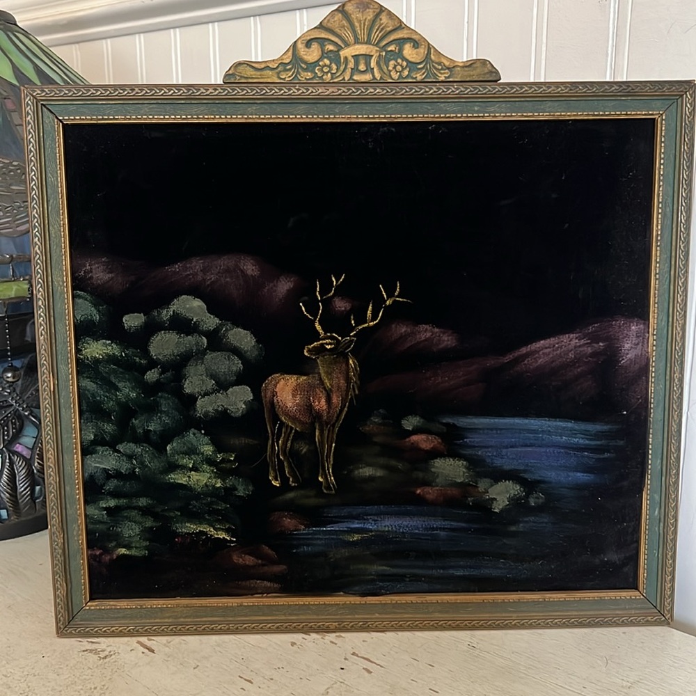 1920s deer oil painting on black velvet framed 13.5” x 14”